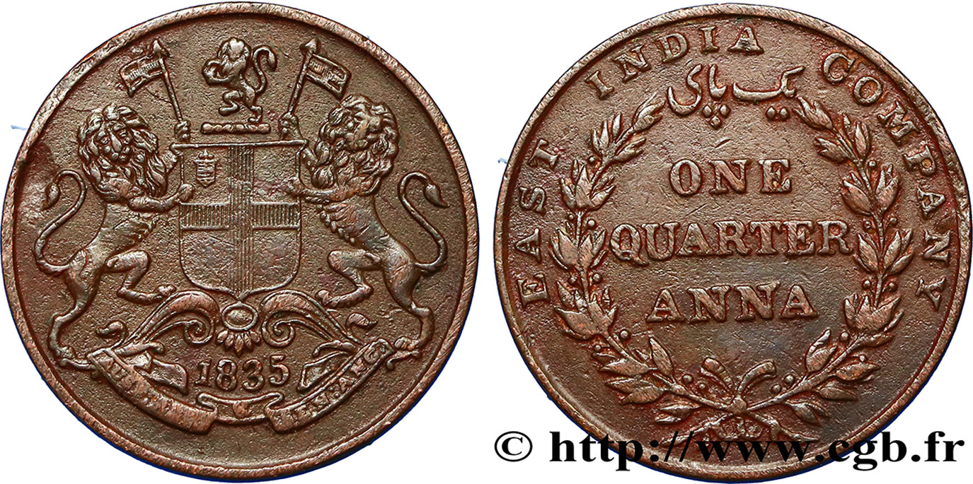 BRITISH INDIA 1/4 Anna East India Company 1835  XF 