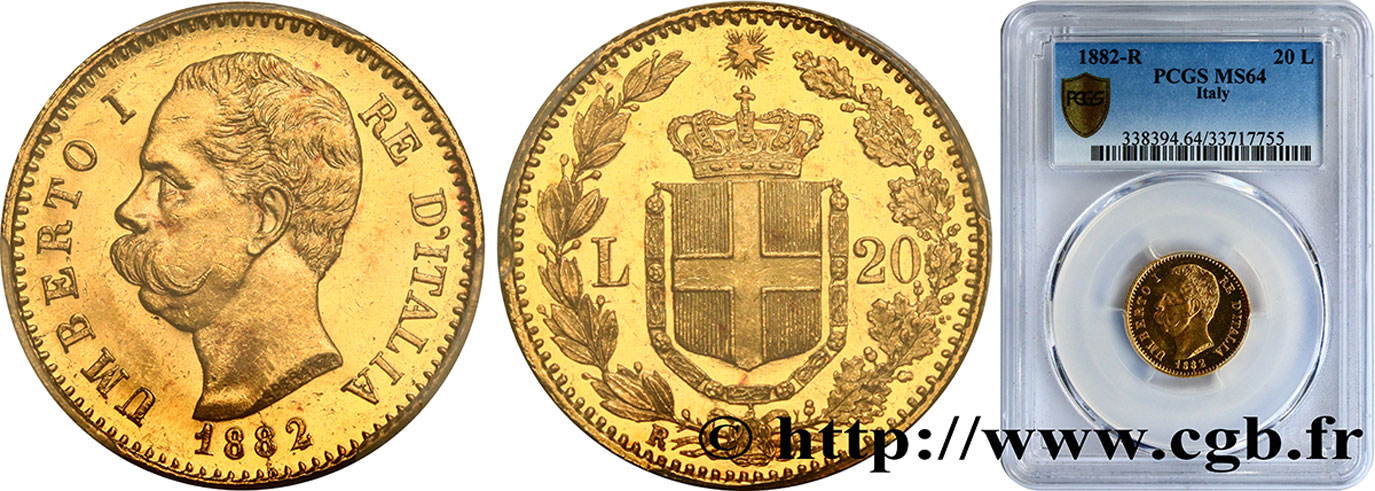 ITALIA 20 Lire Umberto Ier 1882 Rome SC64 PCGS