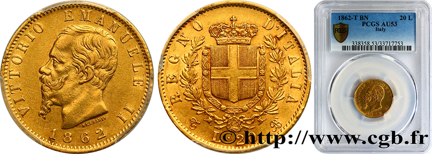 ITALIA 20 Lire Victor Emmanuel II 1862 Turin MBC53 PCGS
