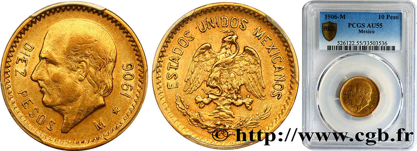 MÉXICO 10 Pesos or Miguel Hidalgo y Costilla 1906 Mexico EBC55 PCGS