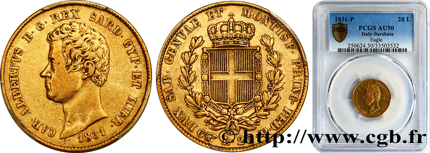 ITALY - KINGDOM OF SARDINIA 20 Lire Charles-Albert 1831 Turin AU50 PCGS