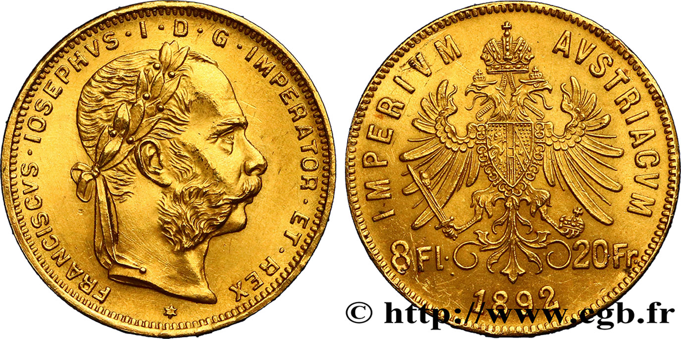 AUTRICHE 8 Florins ou 20 Francs or François-Joseph Ier 1892 Vienne SUP 
