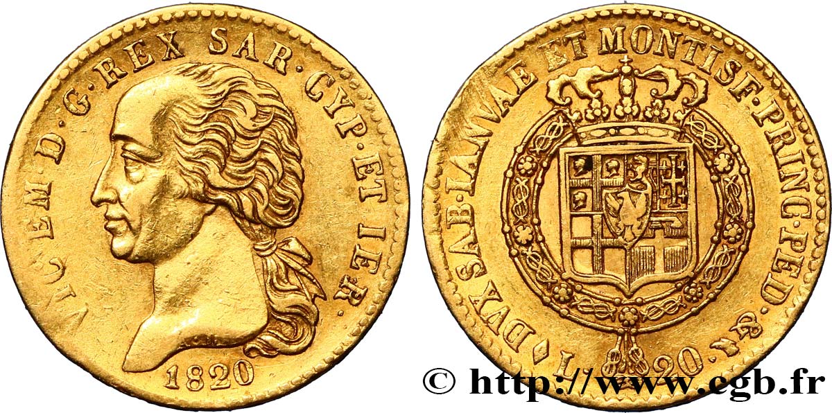 ITALY - KINGDOM OF SARDINIA - VICTOR-EMMANUEL I 20 Lire 1820 Turin XF 