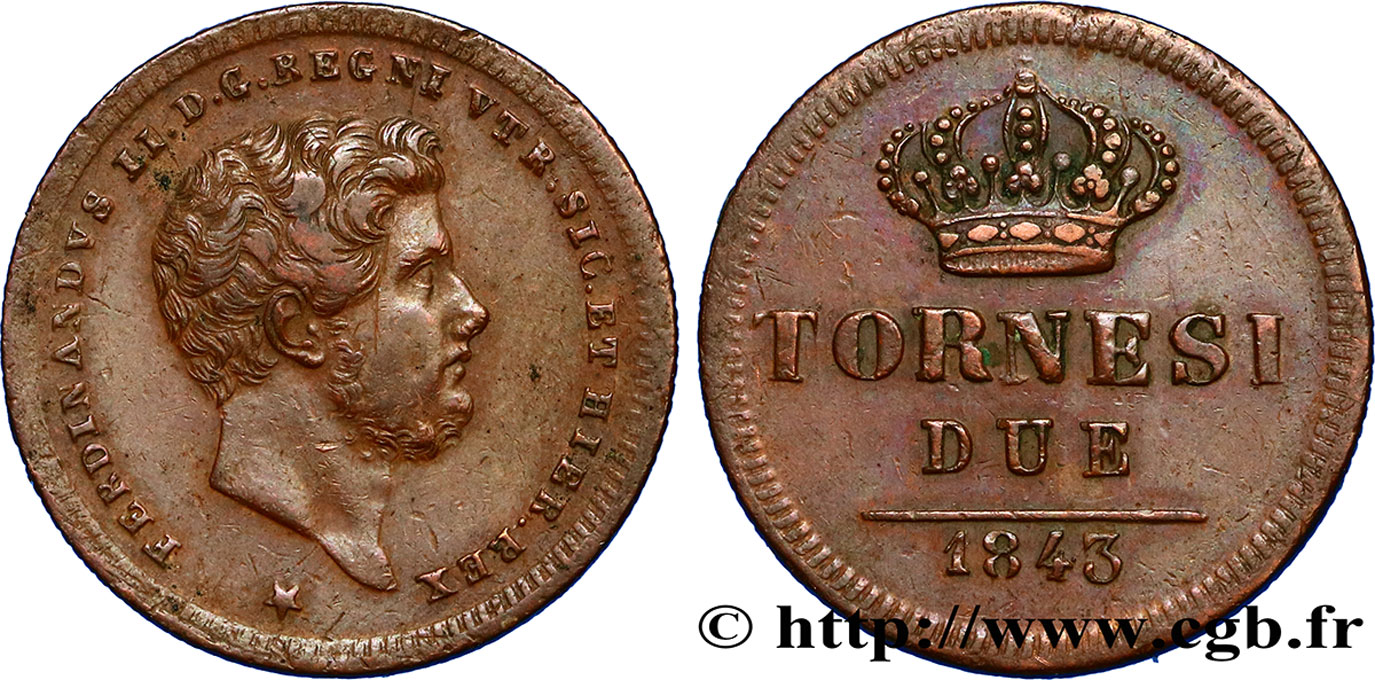ITALY - KINGDOM OF THE TWO SICILIES 2 Tornesi Ferdinand II 1843 Naples XF 