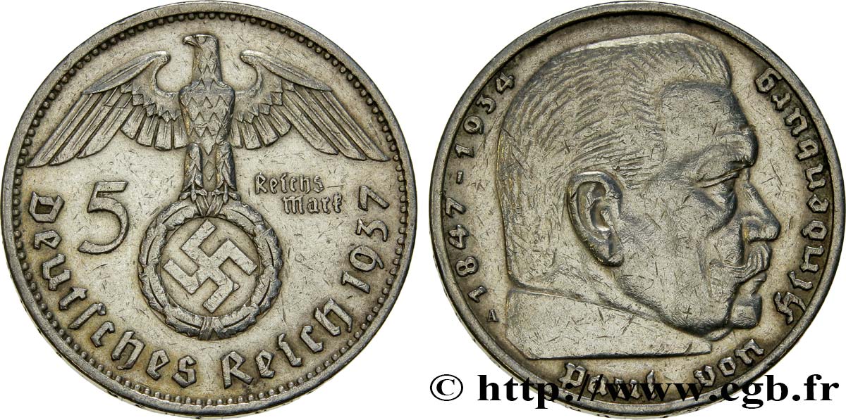 DEUTSCHLAND 5 Reichsmark Maréchal Paul von Hindenburg 1937 Berlin SS 