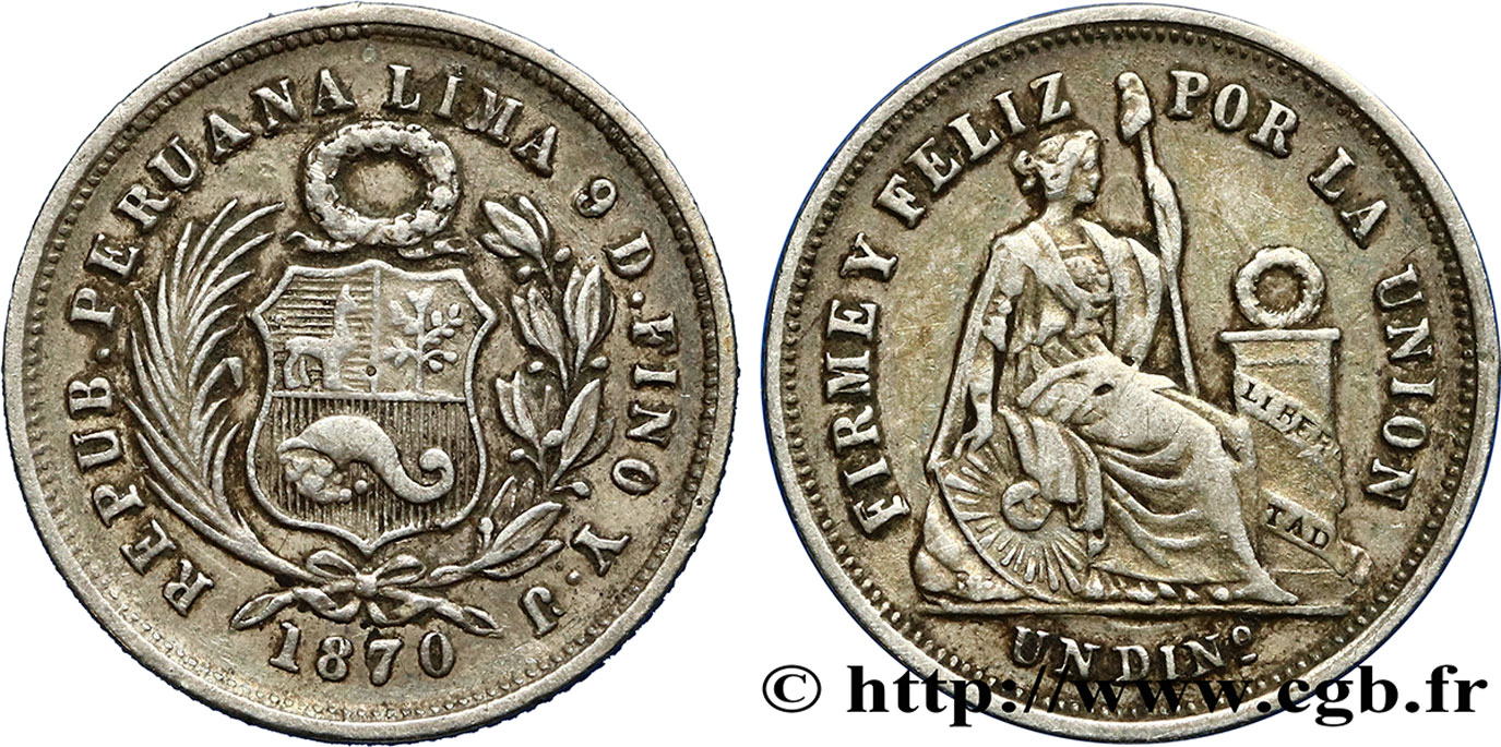 PERU 1 Dinero “Liberté” 1870 Lima SPL 