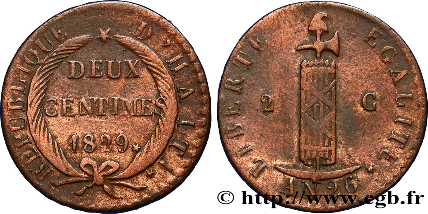 HAITI 2 Centimes faisceau, an 26 1829  S 