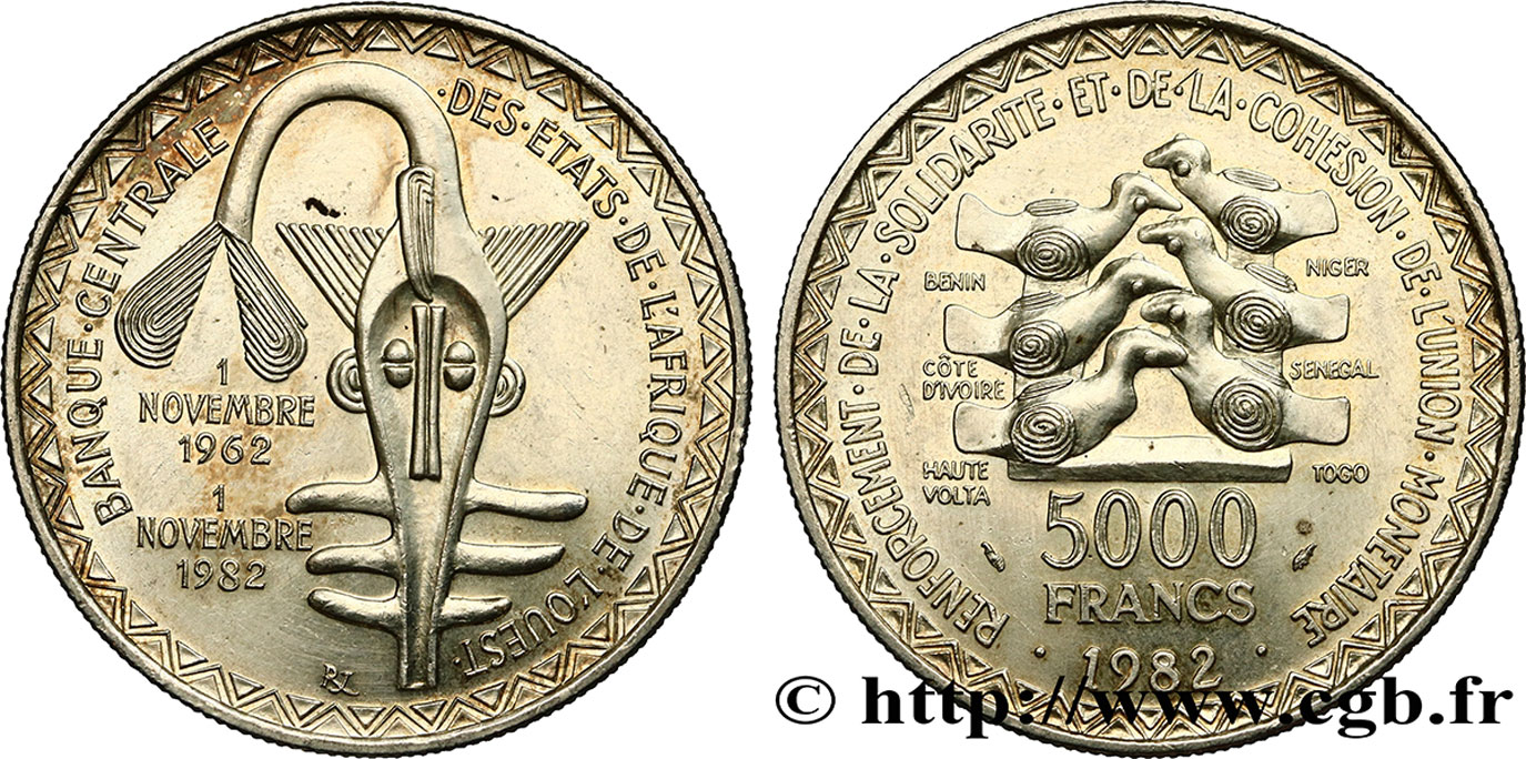 ÉTATS DE L AFRIQUE DE L OUEST (BCEAO) 5000 Francs masque 20e anniversaire de l’Union Monétaire 1982  SUP 