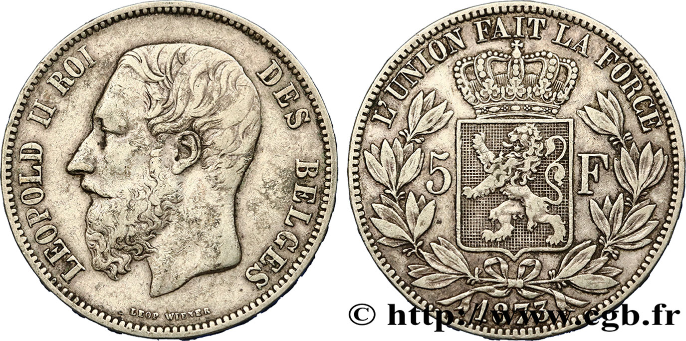 BELGIEN 5 Francs Léopold II 1873  fSS 