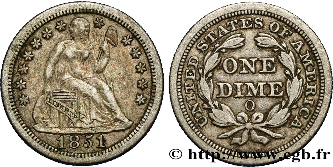 STATI UNITI D AMERICA 1 Dime Liberté assise 1851 Nouvelle-Orléans q.BB 