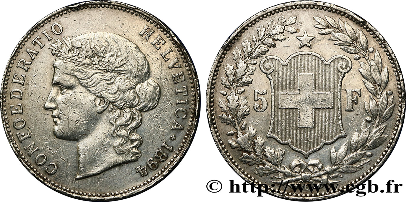 SUISSE 5 Francs Helvetia 1894 Berne TTB 