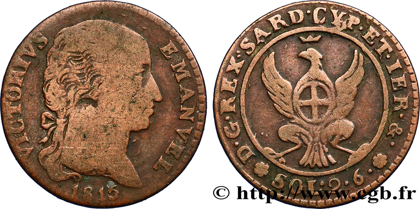 ITALY - KINGDOM OF SARDINIA 2 Soldi et 6 Denari Victor-Emmanuel Ier de Sardaigne 1815 Turin VF 