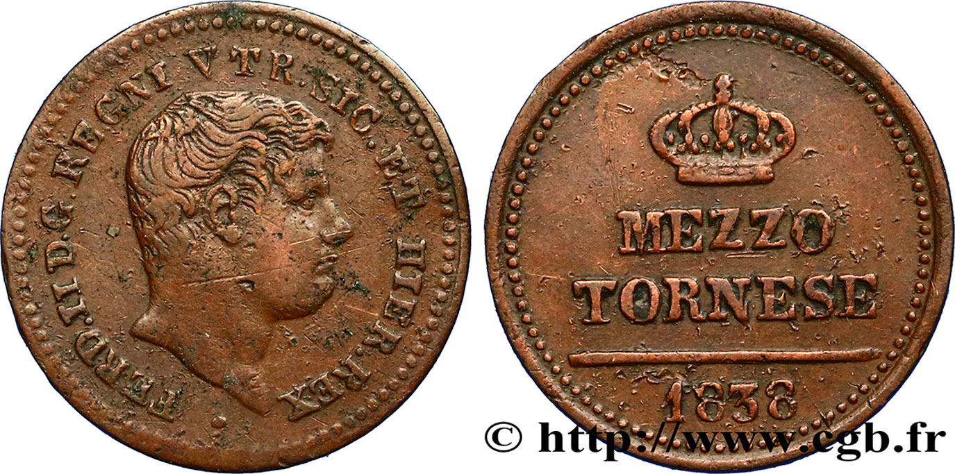 ITALY - KINGDOM OF THE TWO SICILIES 1/2 Tornese Ferdinand II 1838 Naples XF 