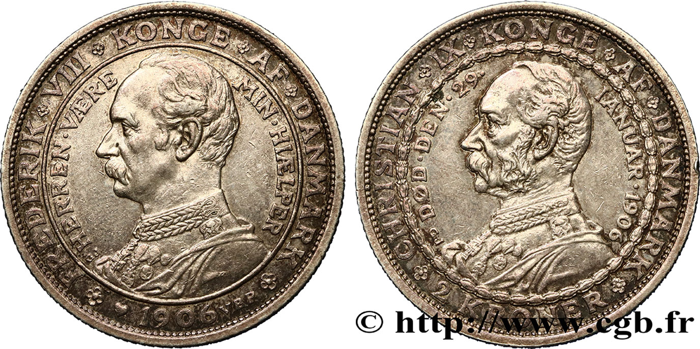 DINAMARCA 2 Kroner mort de Christian IX et accession de Frédéric VIII 1906 Copenhague q.SPL 