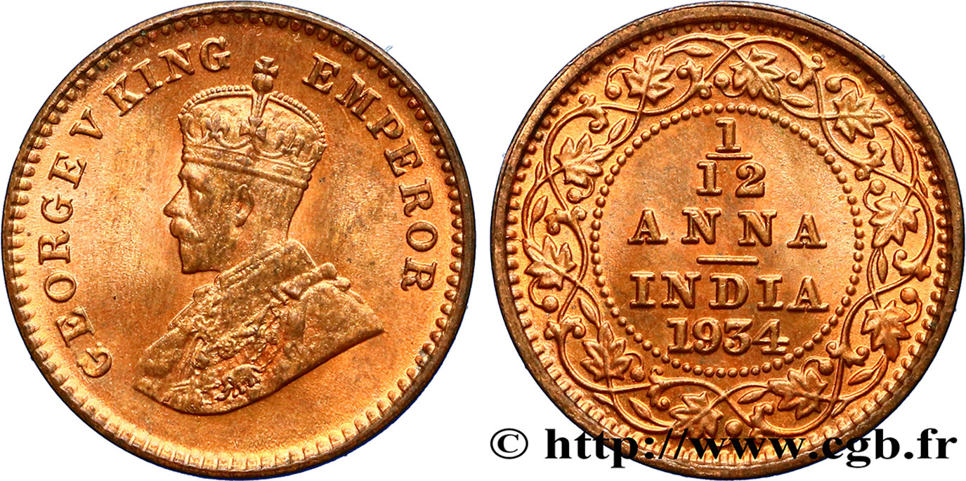 BRITISCH-INDIEN 1/12 Anna (1 Pie) Georges V 1934 Calcutta fST 