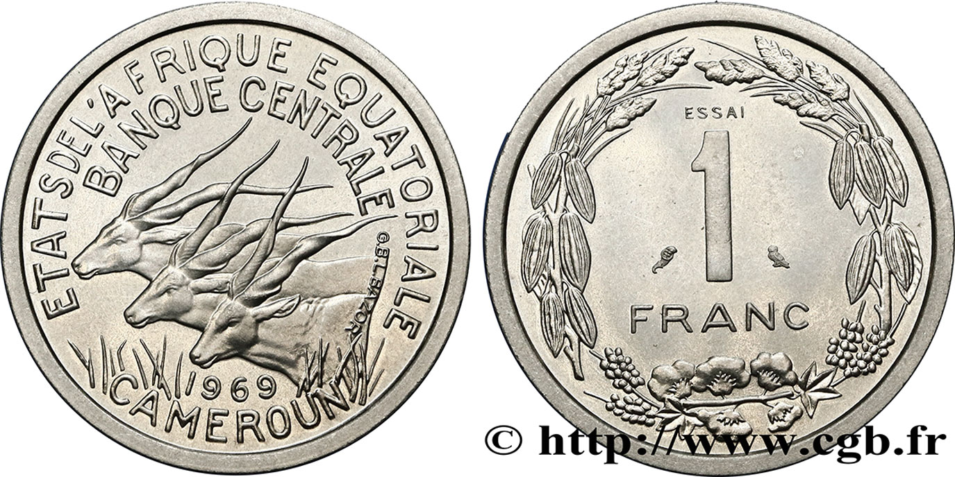 ÉTATS DE L AFRIQUE ÉQUATORIALE Essai de 1 Franc antilopes 1969  SPL 
