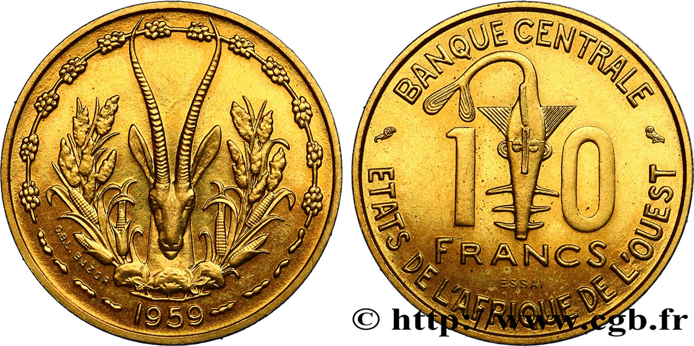 ÉTATS DE L AFRIQUE DE L OUEST (BCEAO) Essai 10 Francs antilope 1959  SPL 