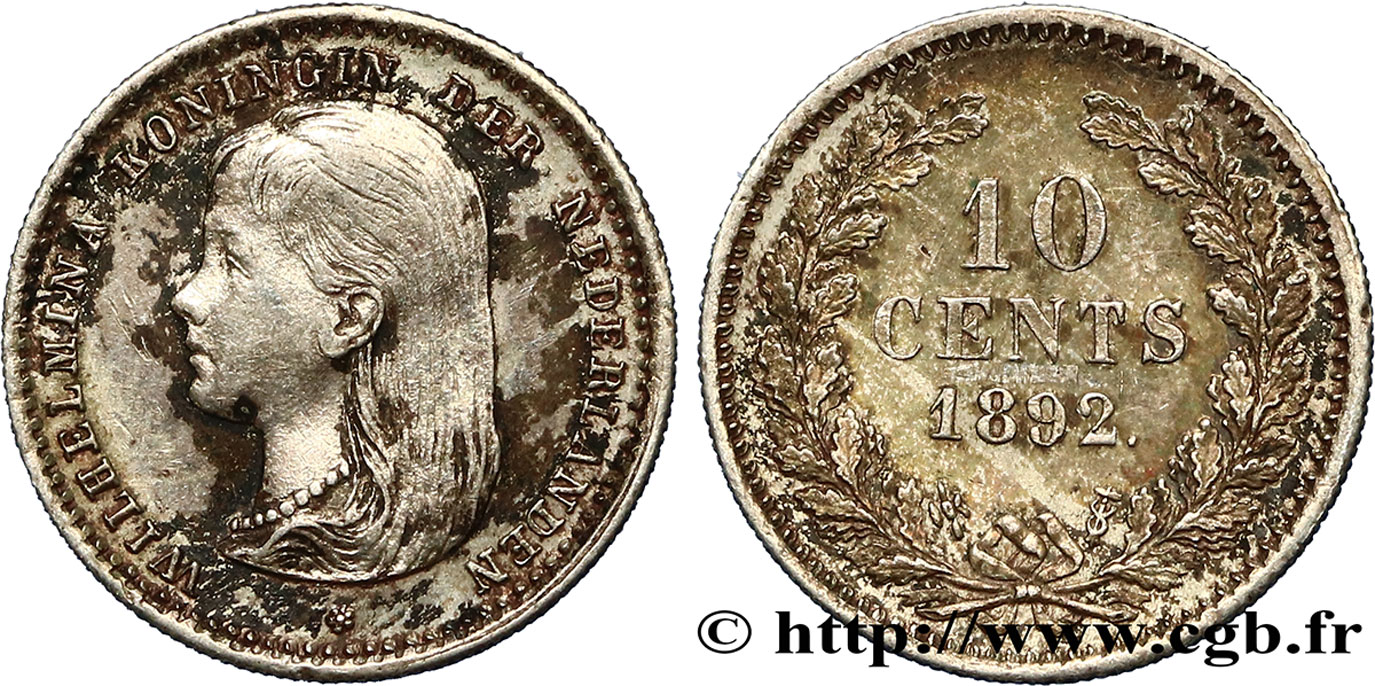 NETHERLANDS 10 Cents Wilhelmina 1892 Utrecht AU 