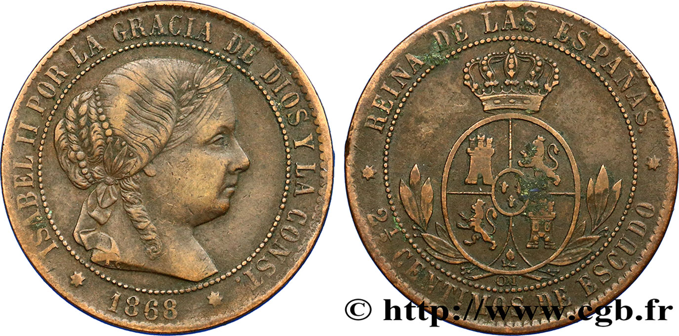 ESPAGNE 2 1/2 Centimos de Escudo Isabelle II / écu couronné 1868 Oeschger Mesdach & CO TTB 