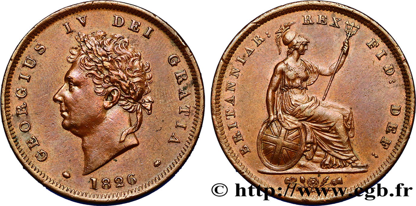 ROYAUME-UNI 1 Penny Georges IV tête laurée 1826  TTB+ 