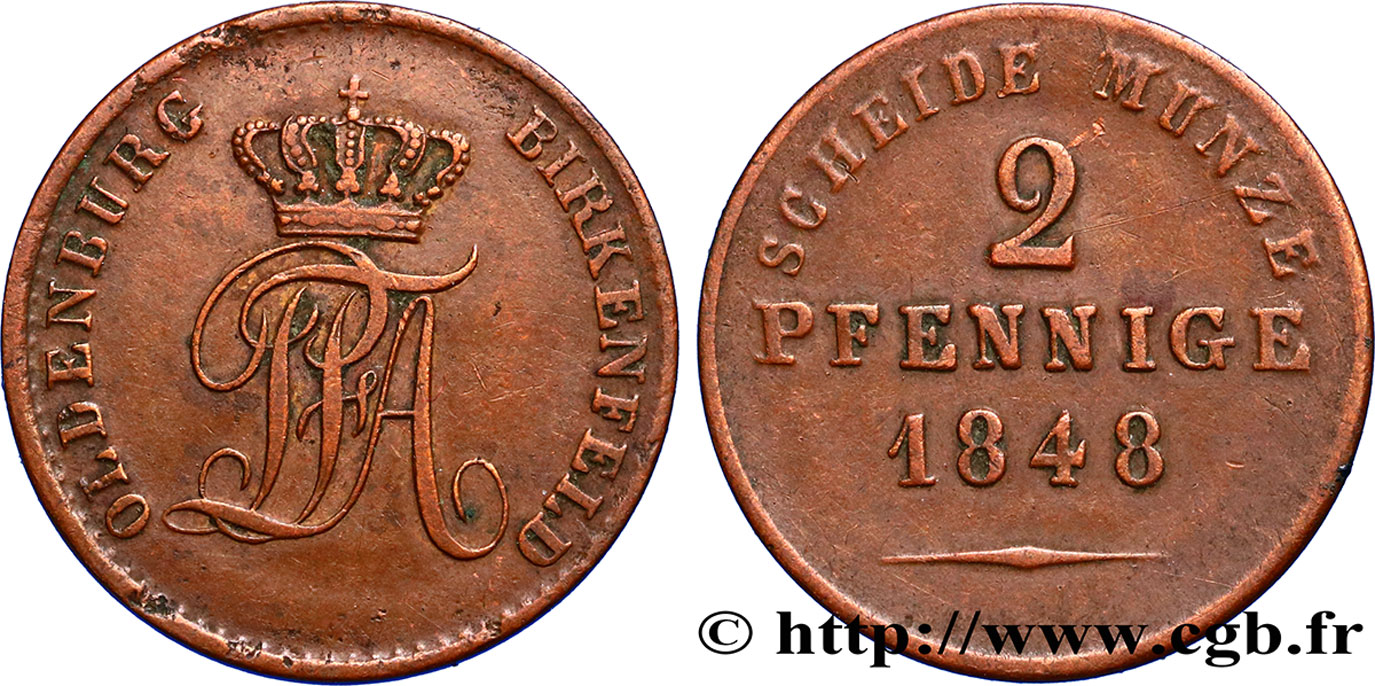ALLEMAGNE - BIRKENFELD 2 Pfennige monogramme de Paul Frédéric Auguste  1848  TTB 