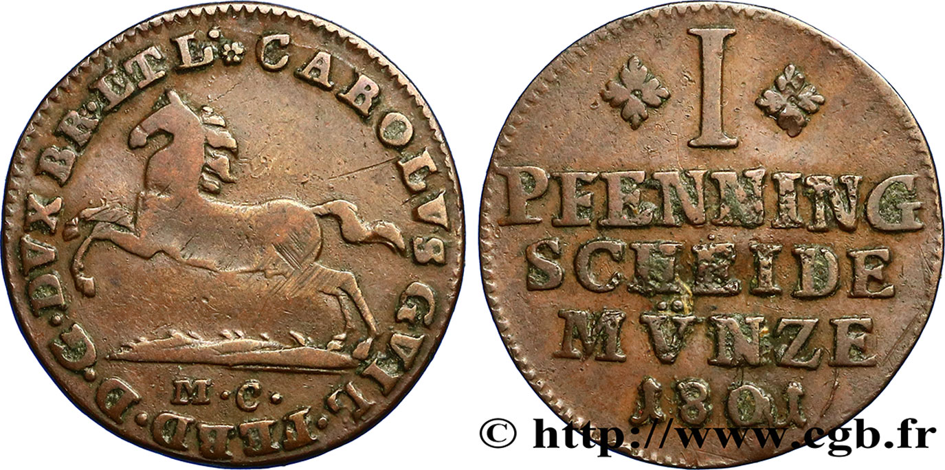 ALEMANIA - WOLFENBUTTEL 1 Pfennig frappe au nom de Charles Guillaume Ferdinand Brunswick-Wolfenbüttel type au cheval bondissant 1801  BC+ 