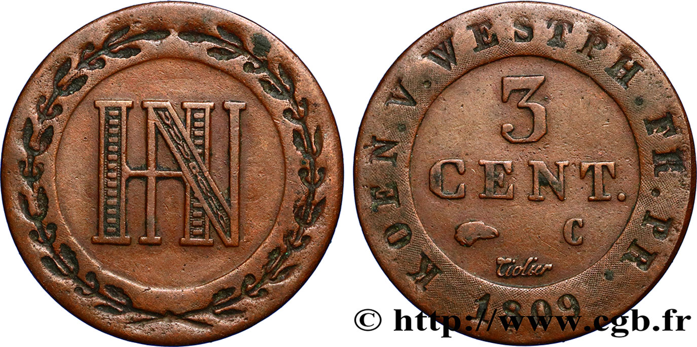 GERMANY - KINGDOM OF WESTPHALIA 3 Cent. monogramme de Jérôme Napoléon 1809 Cassel XF 