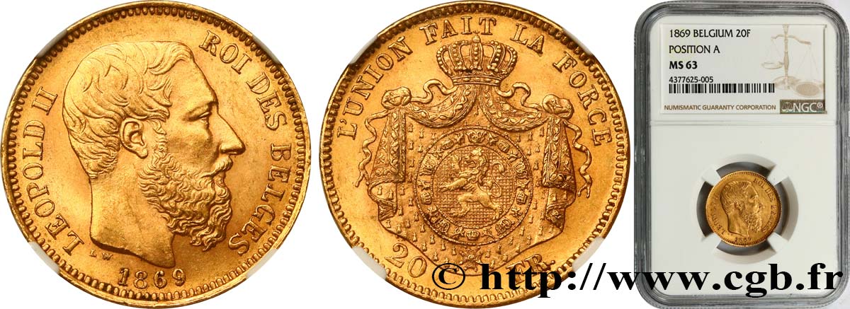 BÉLGICA 20 Francs Léopold II 1869 Bruxelles SC63 NGC