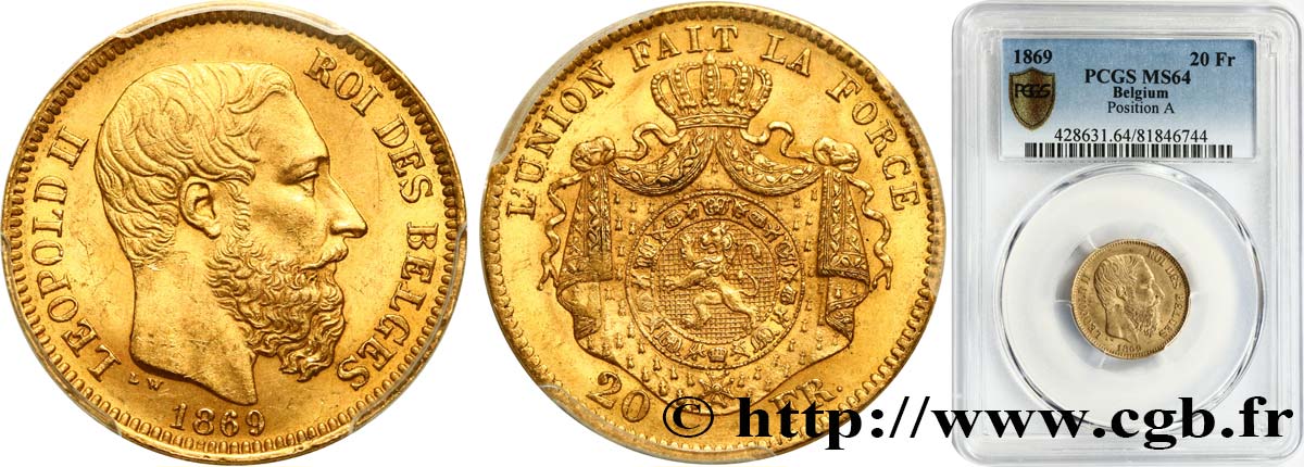BELGIUM - KINGDOM OF BELGIUM - LEOPOLD II 20 Francs 1869 Bruxelles MS64 PCGS