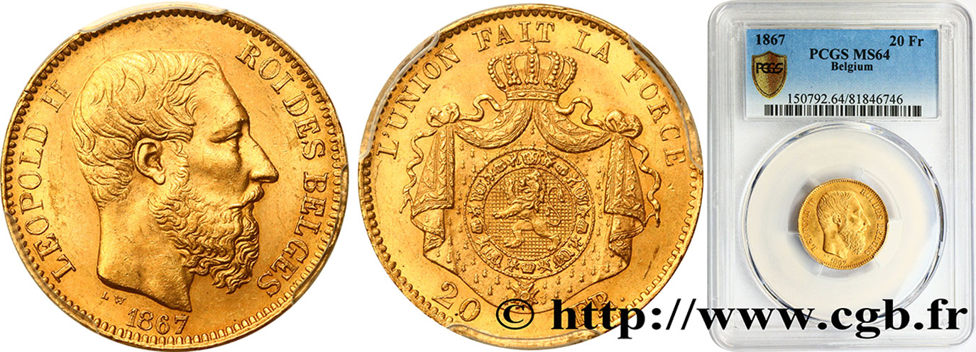 BÉLGICA 20 Francs Léopold II 1867 Bruxelles SC64 PCGS