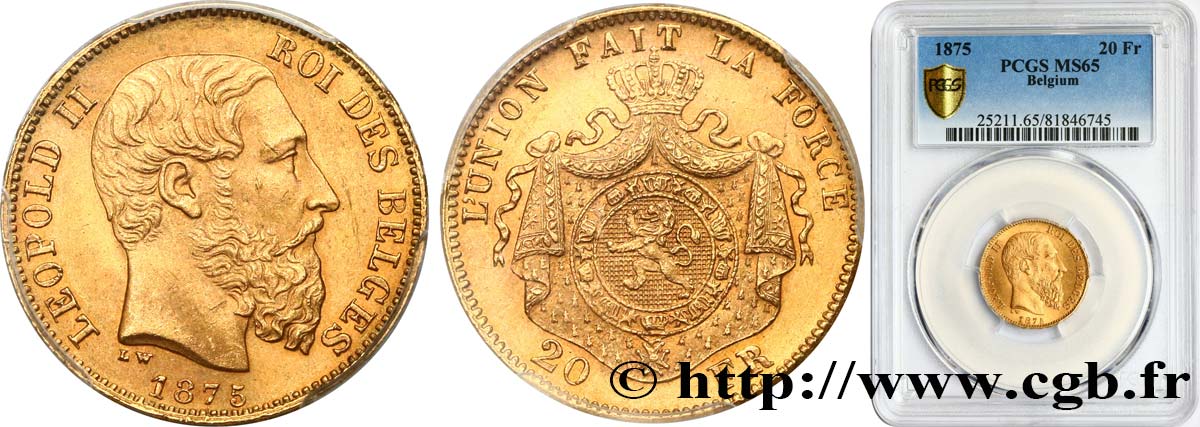BELGIEN 20 Francs Léopold II 1875 Bruxelles ST65 PCGS
