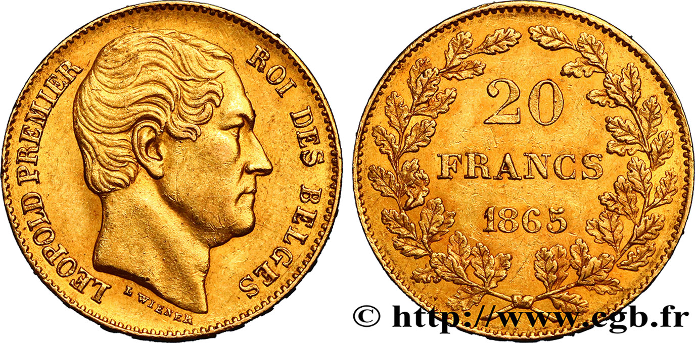 BELGIQUE 20 Francs Léopold Ier 1865 Bruxelles SUP 
