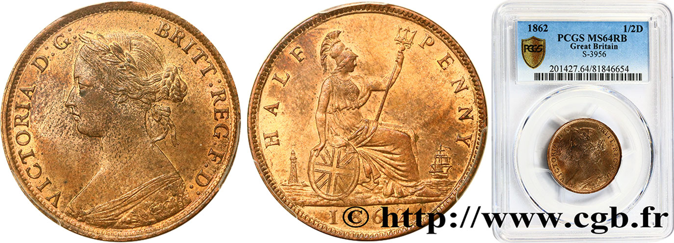 GREAT-BRITAIN - VICTORIA 1/2 Penny “Bun head” 1862  MS64 PCGS