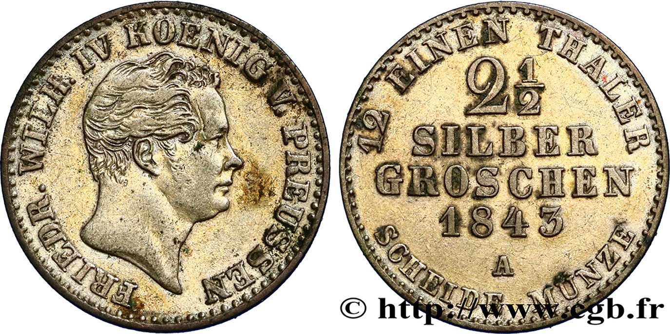 GERMANY - PRUSSIA 2 1/2 Silbergroschen Royaume de Prusse Frédéric Guillaume IV 1843 Berlin XF 