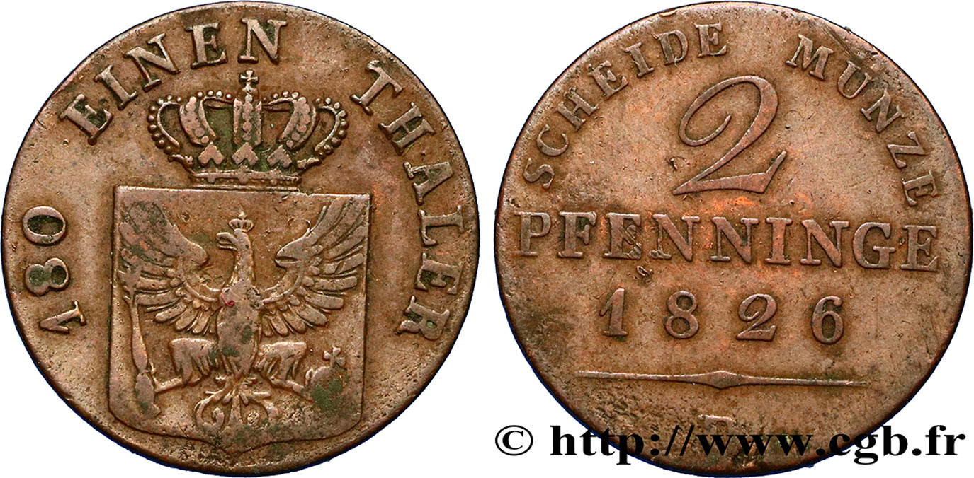 ALEMANIA - PRUSIA 2 Pfenninge Royaume de Prusse écu à l’aigle 1826 Düsseldorf - D BC 