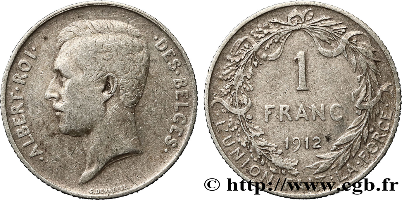 BELGIQUE 1 Franc Albert Ier légende française 1912  TB+ 