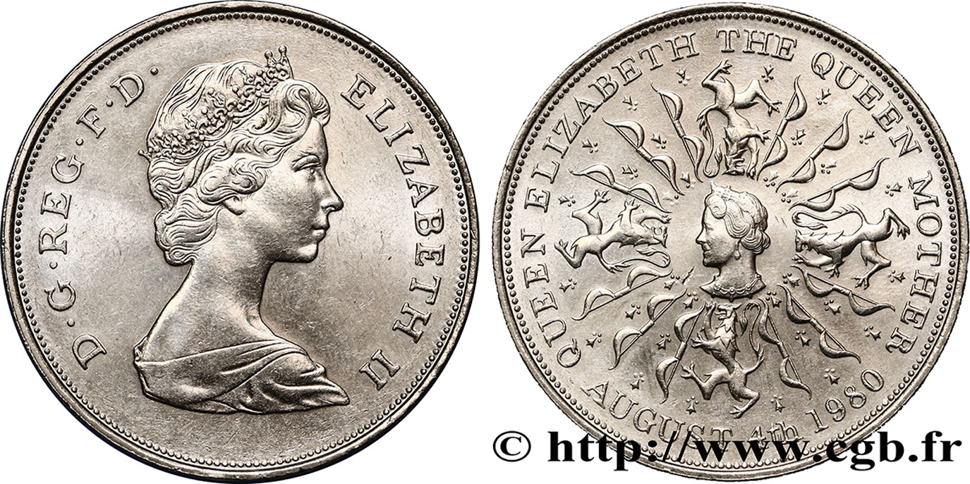 ROYAUME-UNI 25 New Pence (1 Crown) 80e anniversaire de la reine mère 1980  SUP 