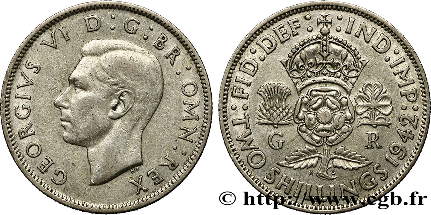 UNITED KINGDOM 1 Florin (2 Shillings) Georges VI 1942  XF 
