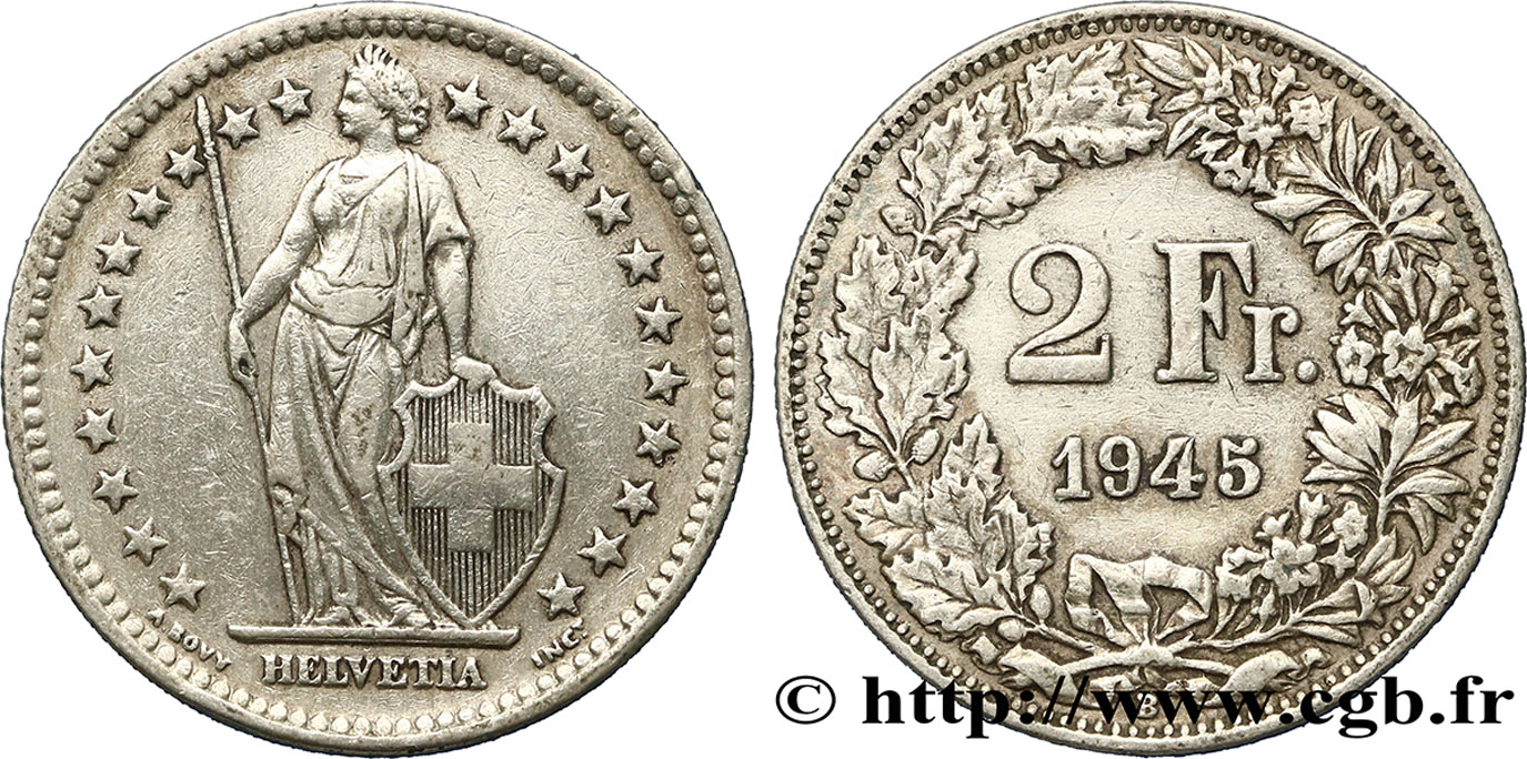 SVIZZERA  2 Francs Helvetia 1945 Berne BB 