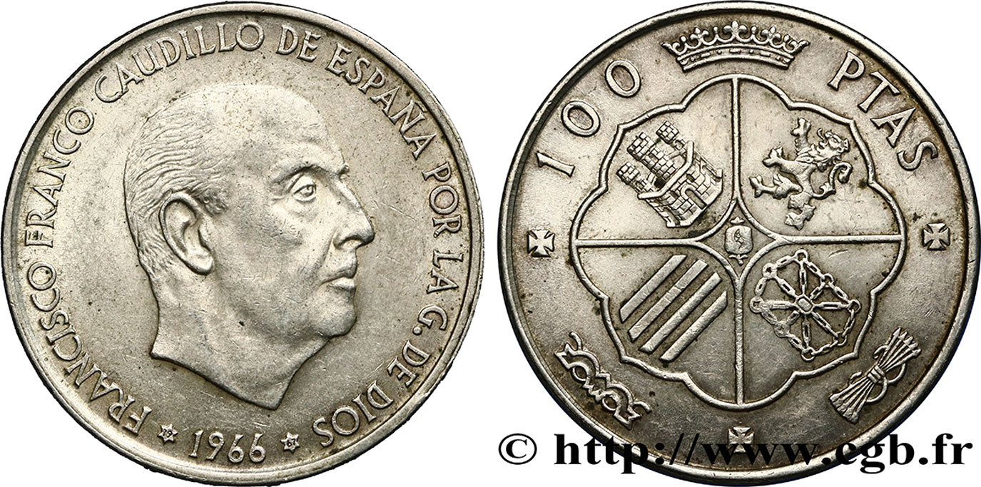 SPANIEN 100 Pesetas Francisco Franco (1967 dans les étoiles) 1966  VZ 