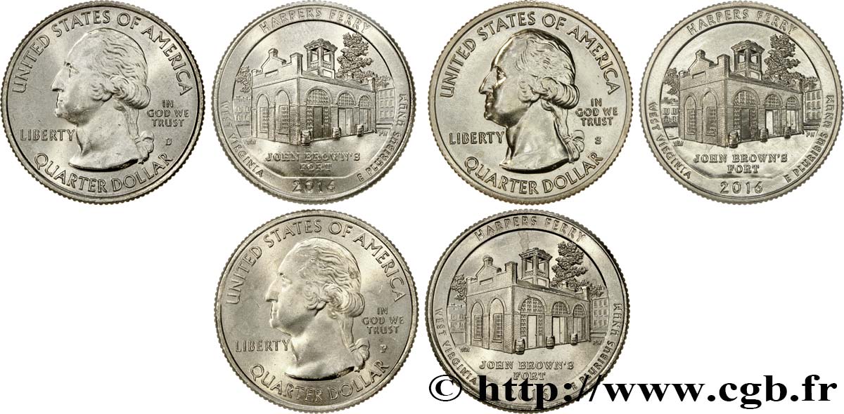 UNITED STATES OF AMERICA Lot de trois 1/4 Dollar Parc National Historique de Harpers Ferry - Virginie Occidentale 2016 Philadelphie-Denver-San Francisco MS 
