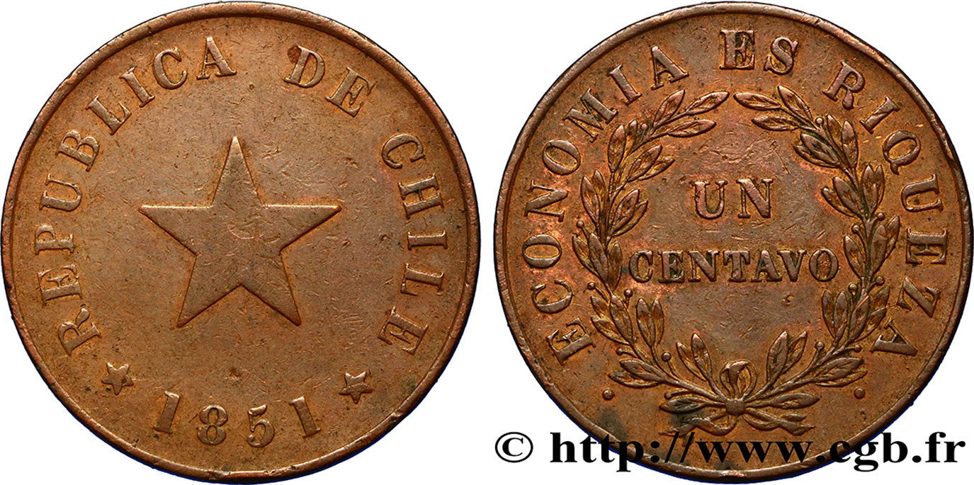 CHILE 1 Centavo 1851  XF 