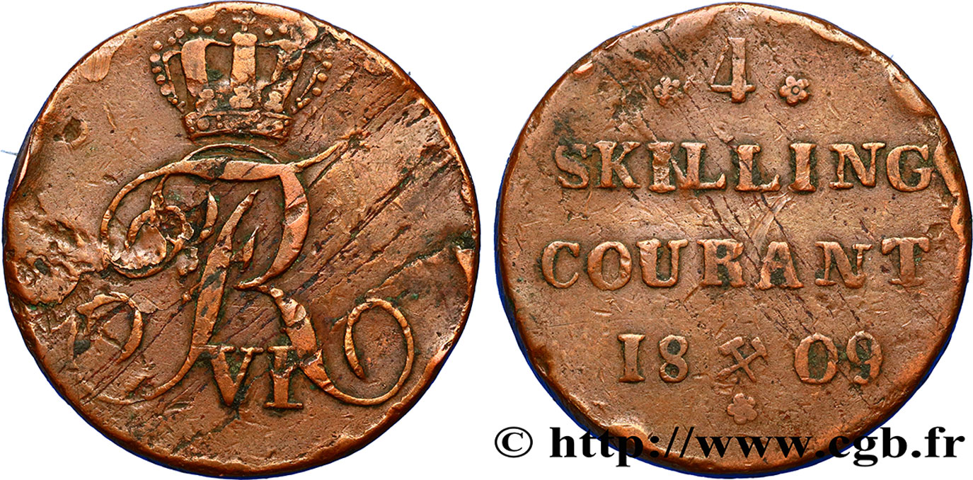 NORVÈGE 4 Skilling monogramme de Frédéric VI roi du Danemark 1809 Konsberg TB 