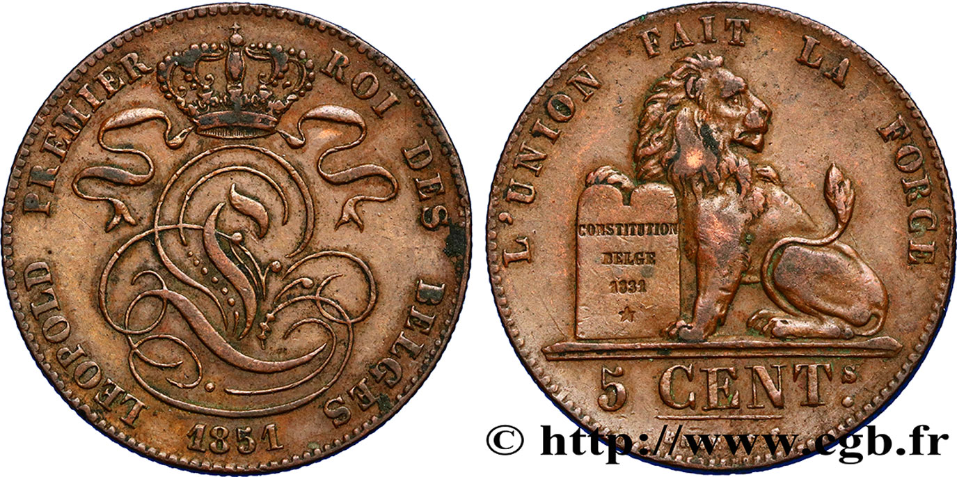 BÉLGICA 5 Centimes monograme de Léopold couronné / lion 1851  MBC+ 