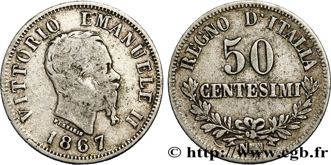ITALIA 50 Centesimi Victor Emmanuel II 1867 Naples MB 