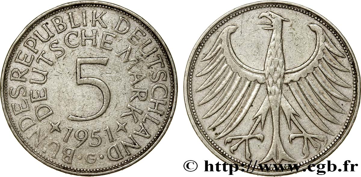 GERMANY 5 Mark aigle 1951 Stuttgart XF 