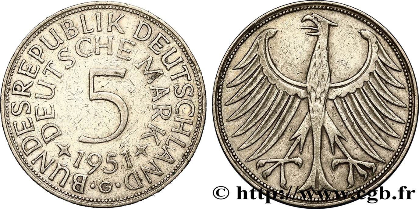 DEUTSCHLAND 5 Mark aigle 1951 Karlsruhe SS 