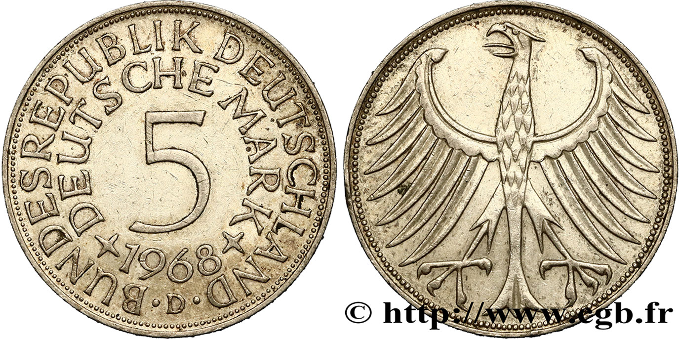 ALEMANIA 5 Mark aigle héraldique 1968 Munich - D MBC+ 