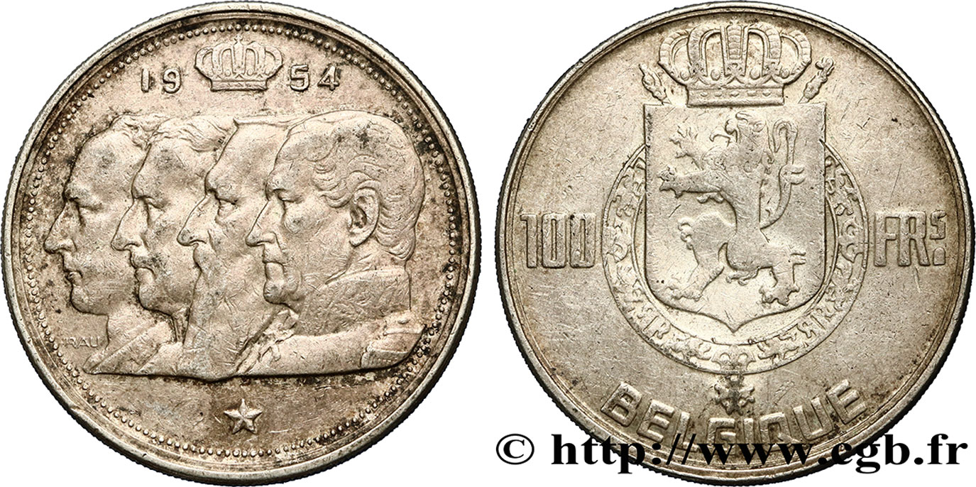BELGIEN 100 Francs armes au lion / portraits des quatre rois de Belgique, légende française 1954  fVZ 