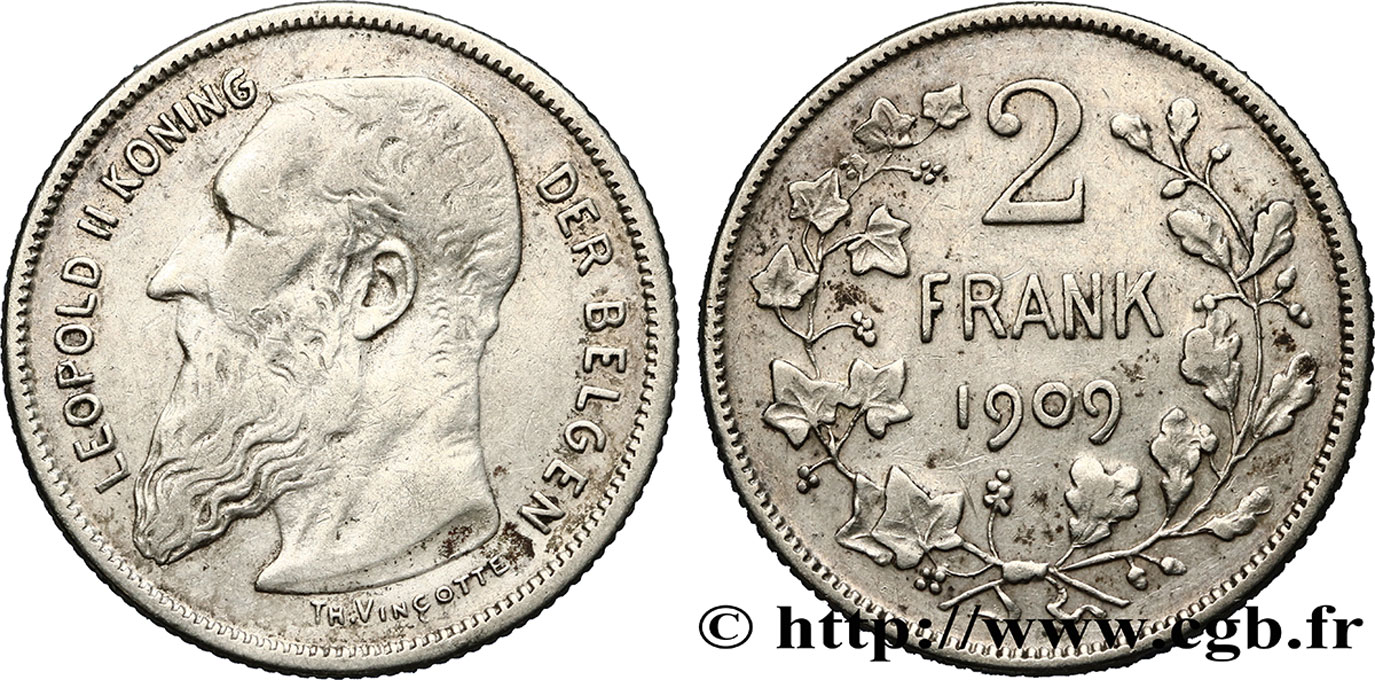 BÉLGICA 2 Francs (Frank) Léopold II légende flamande 1909  BC+ 